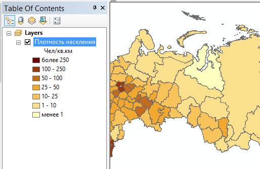 Визуализация плотности населения по регионам (фрагмент карты)